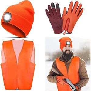 3 Pcs Hunting Set Blaze Orange Vest Touchscreen Gloves & LED Hat Safety Biking